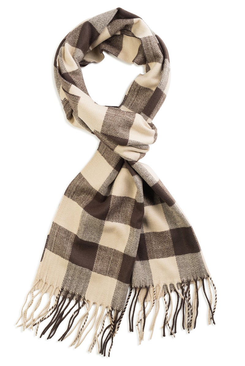 VERONZ Soft Classic Cashmere Feel Winter Scarf, Beige Buffalo Checks